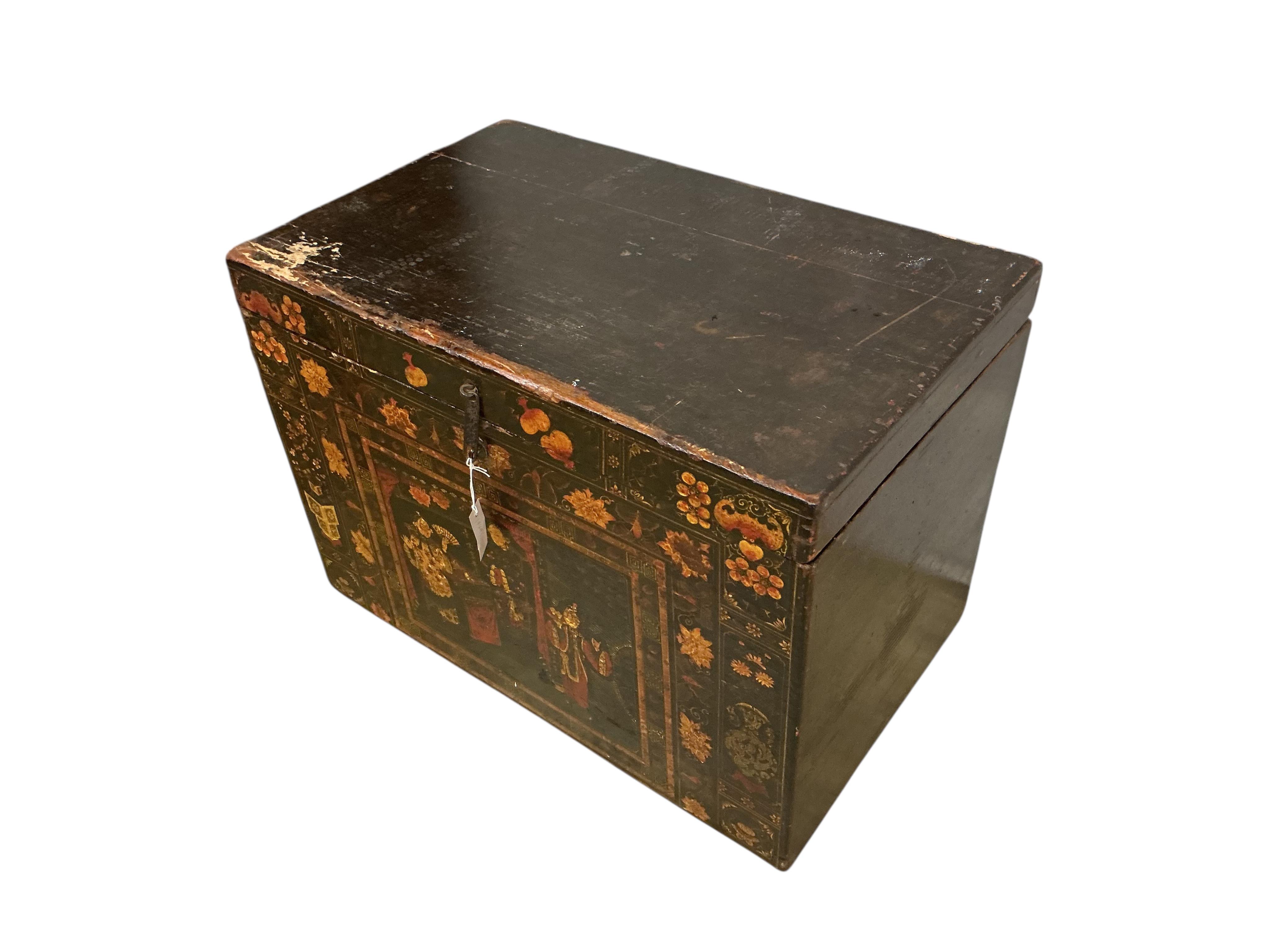 A 19th century Chinese polychrome painted pine trunk, width 85cm, depth 53cm, height 60cm